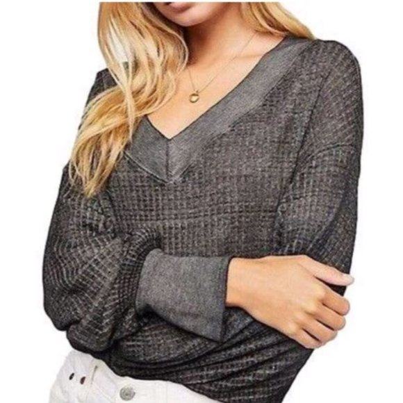 Free People We The Free South Side Thermal V-Neck Gray Black V-Neck XS $68 - Picture 3 of 13